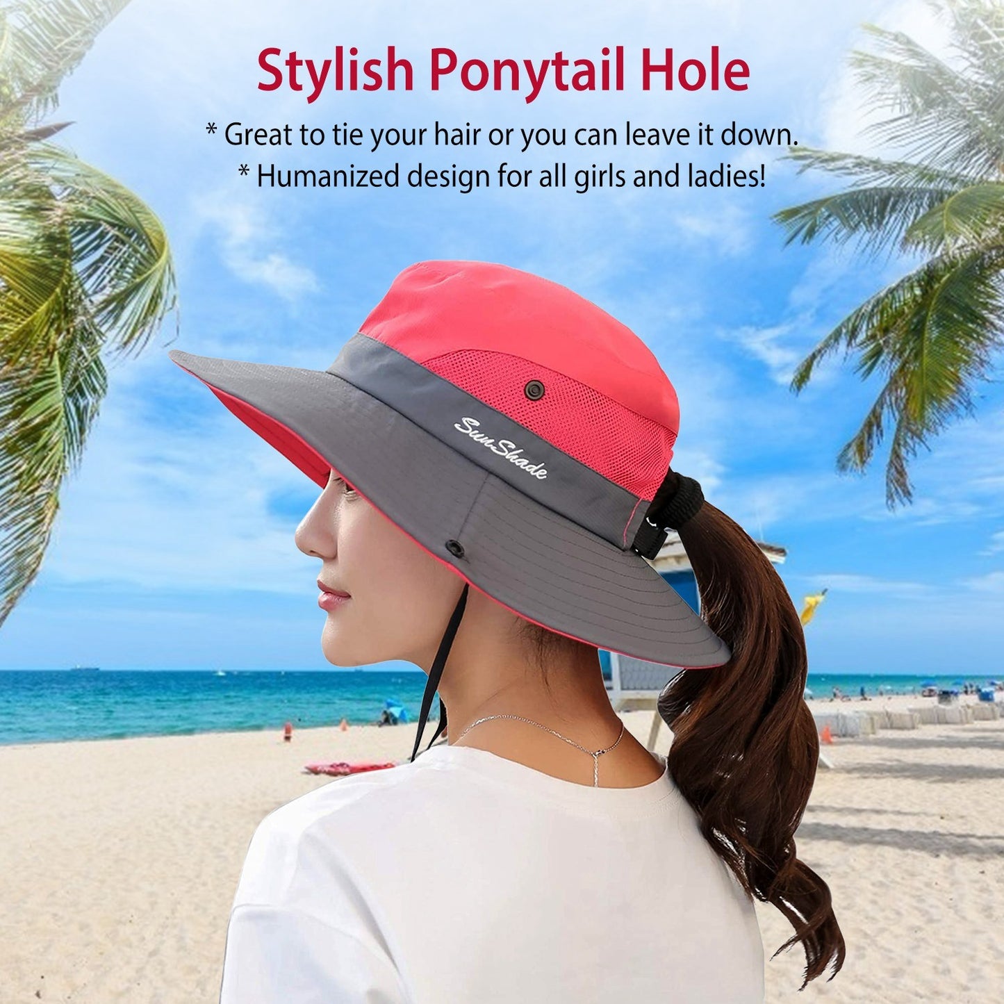 Women Summer Sun Bucket Hats Foldable UV Protection Cotton Cap Wide Brim Floppy Cap Packable Ponytail Mesh Travel Hat