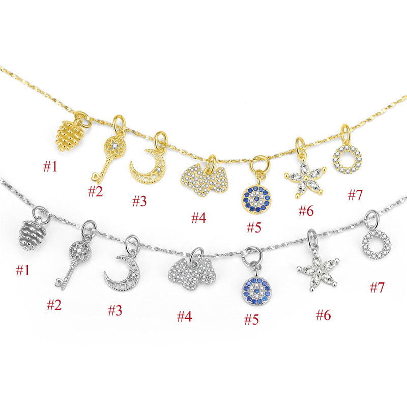 Cute CZ Moon Flower Key Cloud Star Circle 925 Sterling Silver DIY Charm
