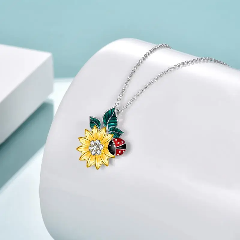 Sunflower Necklace S925 Sterling Silver Ladybug Pendant Necklace Jewelry Gifts for Girlfriend Mom