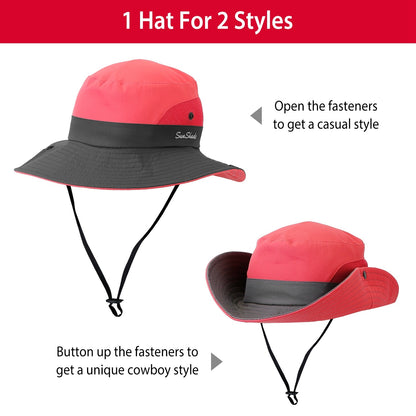 Women Summer Sun Bucket Hats Foldable UV Protection Cotton Cap Wide Brim Floppy Cap Packable Ponytail Mesh Travel Hat