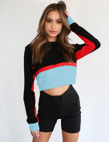 autumn and winter women's new short long-sleeved stitching contrast color hoodie