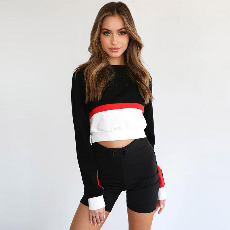 autumn and winter women's new short long-sleeved stitching contrast color hoodie
