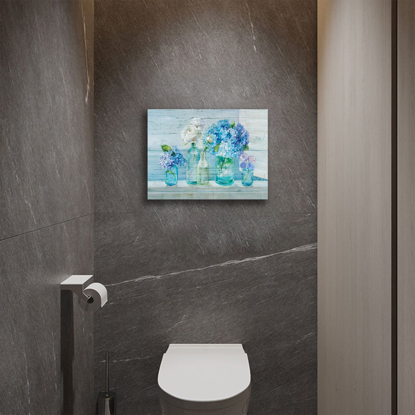 Blue Wall Art Decoration Retro Flower Painting 1 Panel Floral Canvas Wall Art for Bedroom Bathroom Living Room Decor
