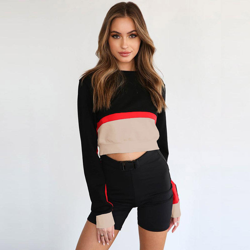 autumn and winter women's new short long-sleeved stitching contrast color hoodie