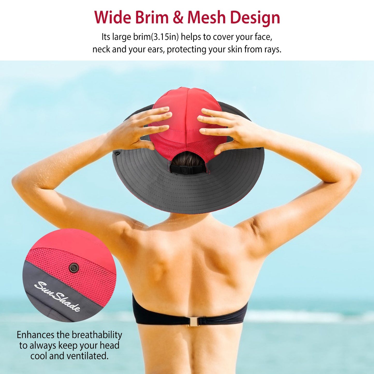 Women Summer Sun Bucket Hats Foldable UV Protection Cotton Cap Wide Brim Floppy Cap Packable Ponytail Mesh Travel Hat