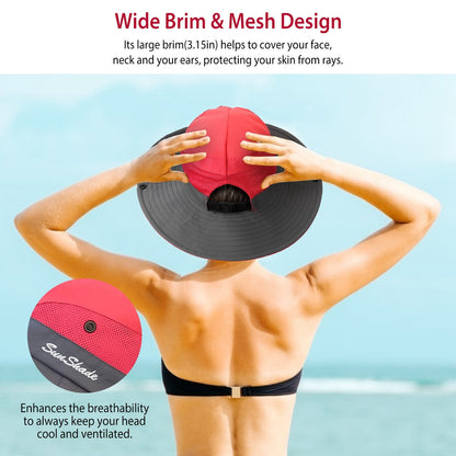 Women Summer Sun Bucket Hats Foldable UV Protection Cotton Cap Wide Brim Floppy Cap Packable Ponytail Mesh Travel Hat