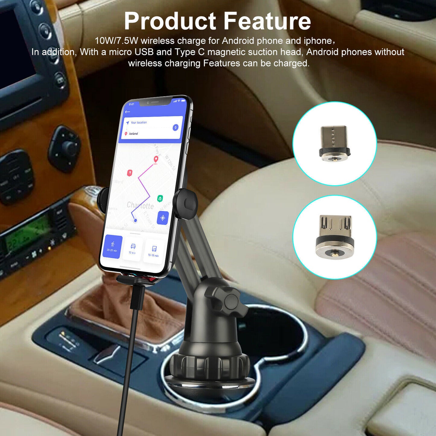 10W Qi Fast Charging Car Wireless Charger Phone Holder Car Mount Cup Holder