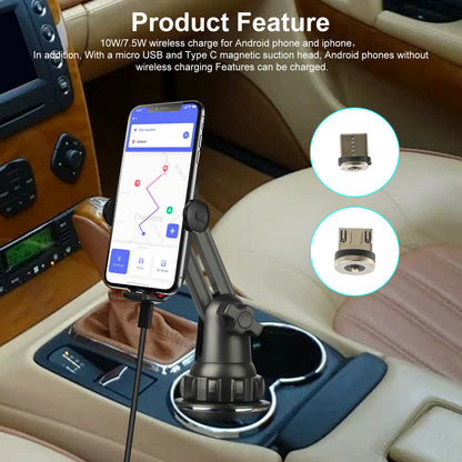 10W Qi Fast Charging Car Wireless Charger Phone Holder Car Mount Cup Holder
