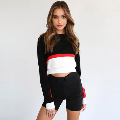 autumn and winter women's new short long-sleeved stitching contrast color hoodie