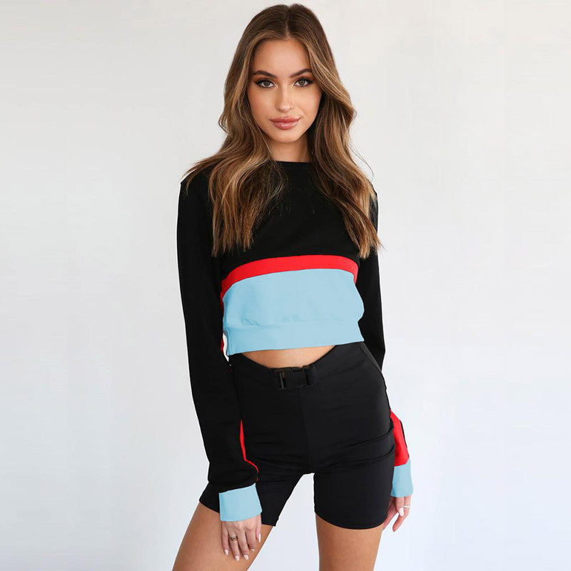 autumn and winter women's new short long-sleeved stitching contrast color hoodie