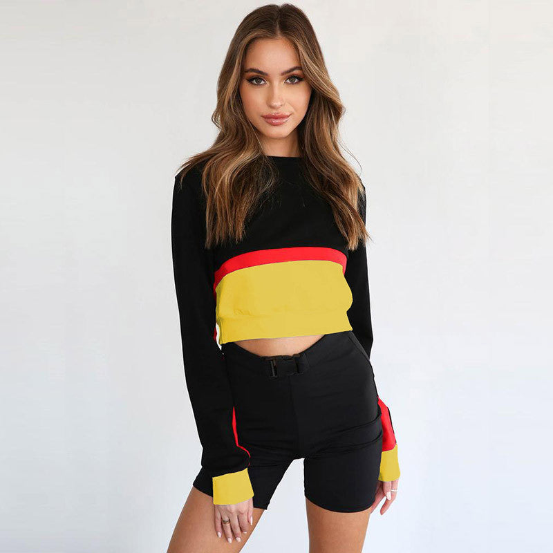 autumn and winter women's new short long-sleeved stitching contrast color hoodie
