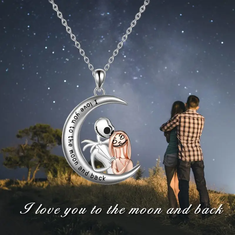 Sterling Silver Nightmare Before Christmas Necklace Jewelry Jack Skellington and Sally Pendant Necklace