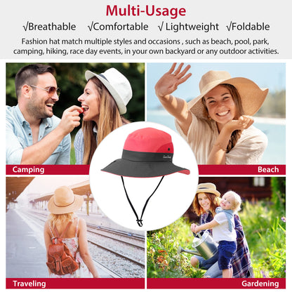 Women Summer Sun Bucket Hats Foldable UV Protection Cotton Cap Wide Brim Floppy Cap Packable Ponytail Mesh Travel Hat