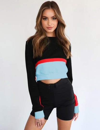 autumn and winter women's new short long-sleeved stitching contrast color hoodie